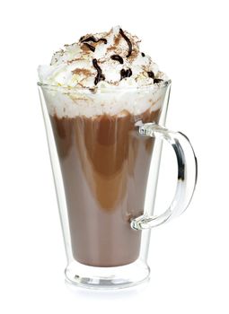 Hot chocolate with whipped cream in mug isolated on white