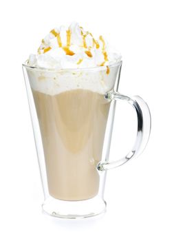 Caffe latte coffee with whipped cream isolated on white background