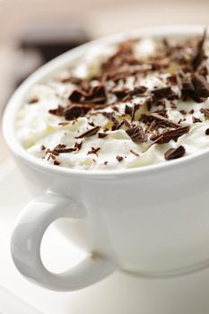 Hot cocoa with shaved chocolate and whipped cream