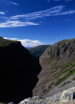Valley of mountains with blue sky