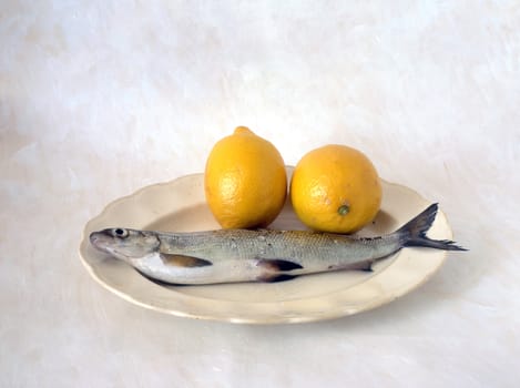 Fish with lemon on plate isolated on painted background