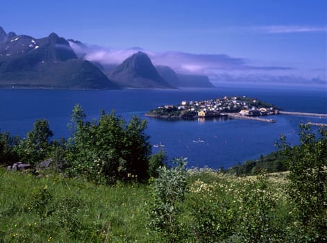 Beautiful view of ocean fjord with small island in Norway