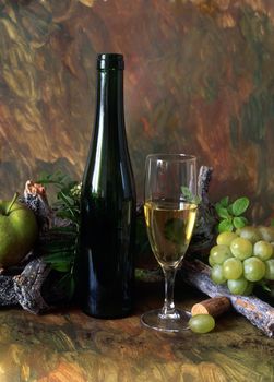 Wine and fruits isolated on painted background