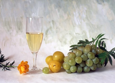 A glass of white wine with grapes isolated on painted background