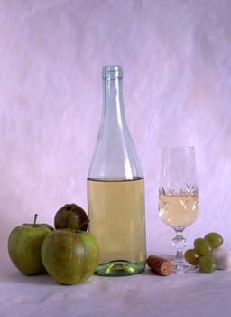 White wine and fruits isolated on painted background