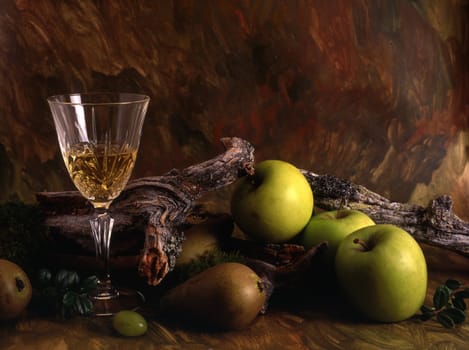 Red wine and fruits isolated on painted background