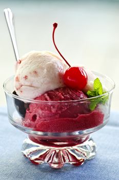 Dish of ice cream with cherry on top and spoon