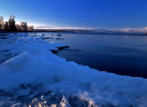 Clear blue sky and frozen lake 