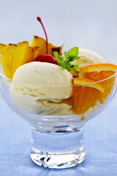 Dish of ice cream and fruit dessert