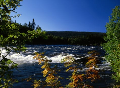 Beautiful mountain river with blue and clear sky