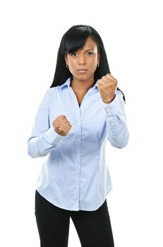 Fighting black woman showing fists isolated on white background