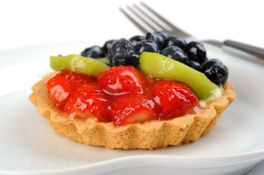 Closeup of a delicious custard filled tart topped with fruit.