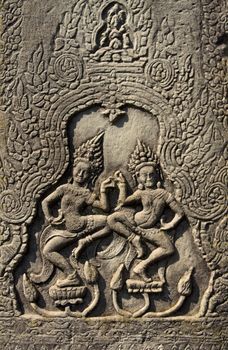 Ancient stone relief in Angkor Wat, Cambodia