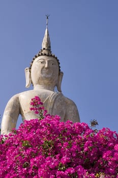 Big Buddha statue with flower and blue sky