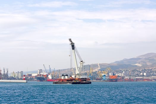 Ship floating crane in port of Novorossiysk, Russia.