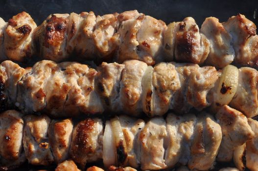 Shish kebab, barbecue from the chicken meat, fried on hot coals