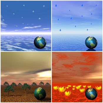 Icons for four elements air, water, earth and fire with an eart in each