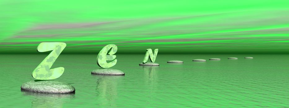 Zen green letters upon grey stones steps upon the ocean in a green background