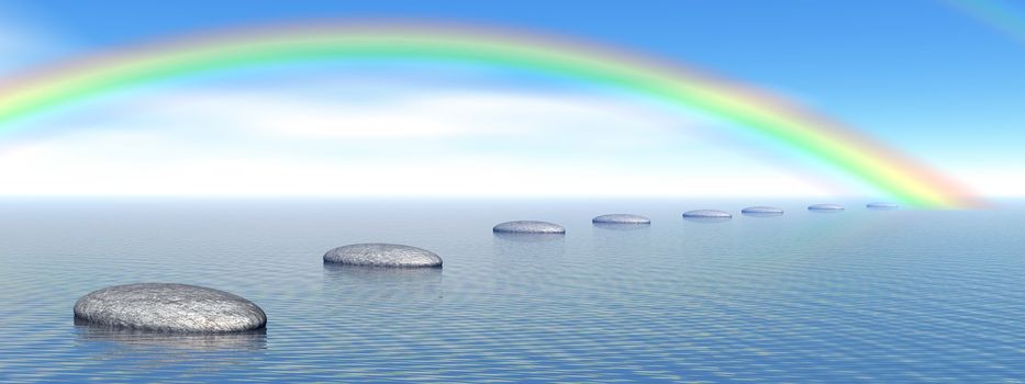 Grey stones steps upon the ocean going to a beautiful rainbow