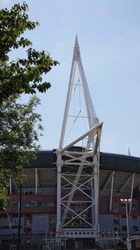 Millennium Stadium Cardiff, large white mast upright, clear sunny day
