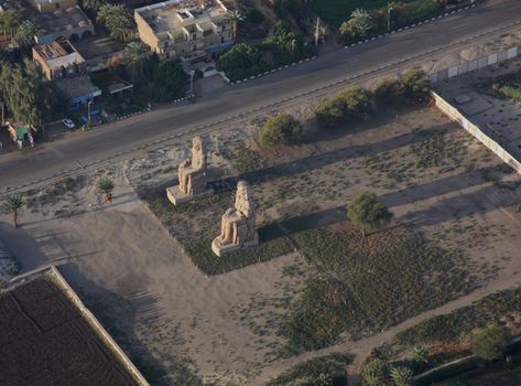 Colossus of Menmon Luxor Egypt, aerial shot