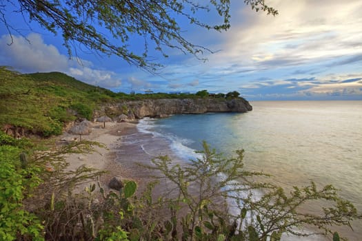 Sunset at Jeremi beach on Curacao, Caribbean .