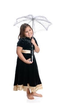 A young kindergarten girl, wearing a pretty dress and holding a white lacy umbrella, isolated against a white background.