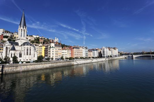 Panoramic view of Lyon and Saone River in summer