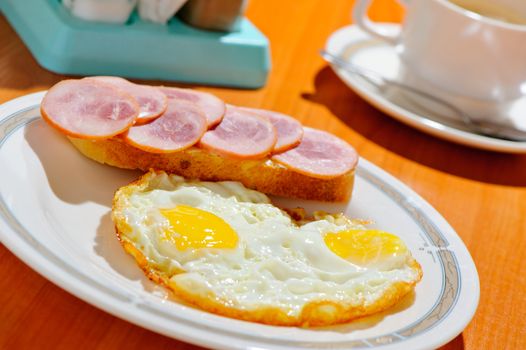 Breakfast. Fried eggs, a sandwich and tea