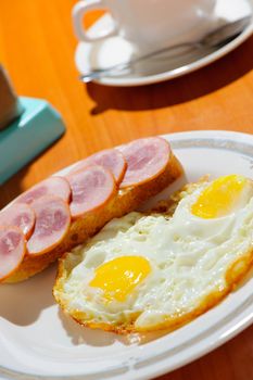 Breakfast. Fried eggs, a sandwich and tea