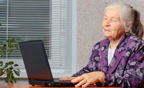 The elderly woman in front of the laptop. A photo in a room