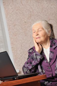 The elderly woman in front of the laptop. A photo in a room