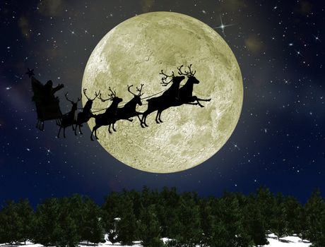 Santa Claus On Sledge With Deer against the bright moon. Concept eve of New year