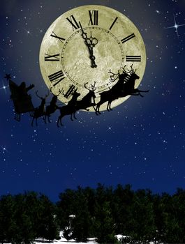 Santa Claus On Sledge With Deer against the bright moon with arrows clock. Concept eve of New year