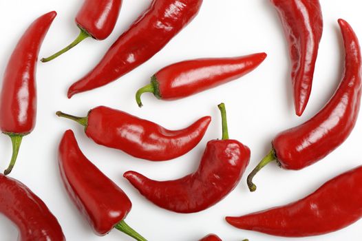 Red bitter pepper. It is spread randomly out on a white background