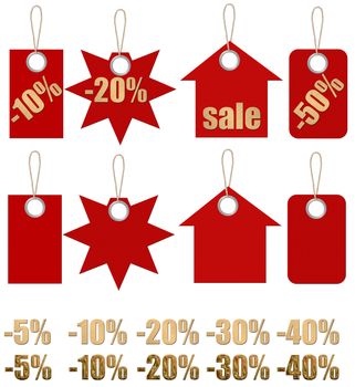 Set of labels on ropes with percent discounts. Separately empty preparations and a set of the size of discounts.Part 1