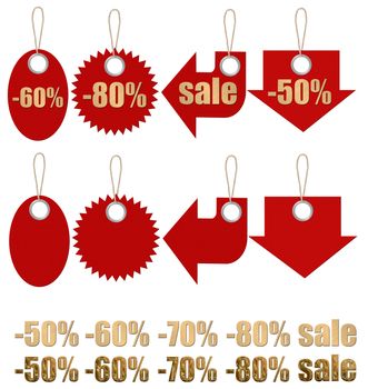 Set of labels on ropes with percent discounts. Separately empty preparations and a set of the size of discounts