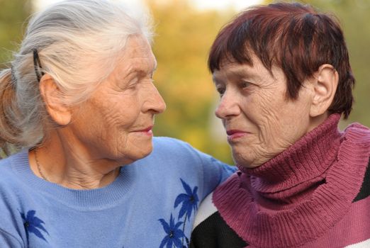 Two sisters of old age. A photo on outdoors