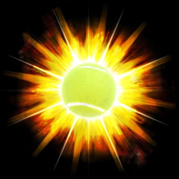 A single green tennis ball over an exploding fire burst background.