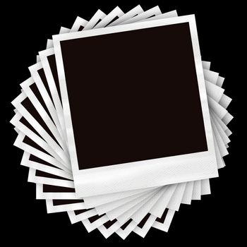 A pile of instant film photos arranged in a circular pile over a black background.