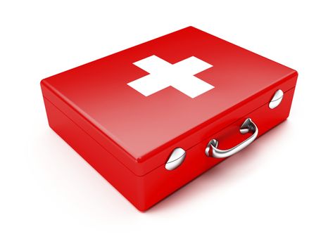 First aid kit. Red suitcase isolated on white background.