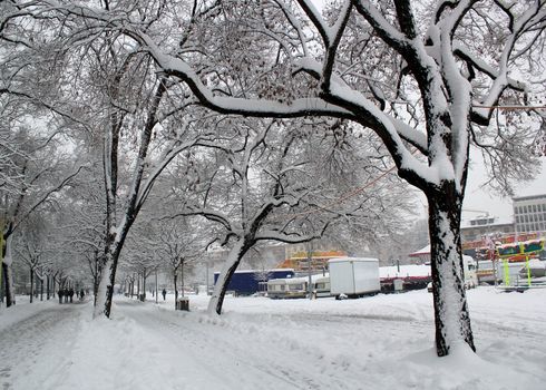 Plainpalais place by winter and with the fairground, Geneva, Switzerland