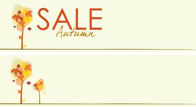 Two horizontal autumnal themed sale banners. Stylized trees and autumn leaves on pale yellow base.