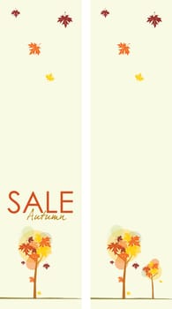 Two vertical autumnal themed sale banners. Stylized trees and autumn leaves on pale yellow base. 