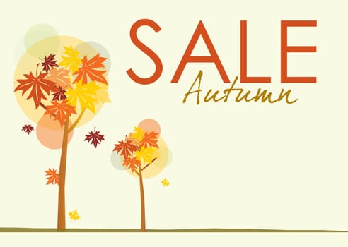 A landscape format sale poster with an autumnal theme. Stylized trees and autumn leaves on a pale background with text spelling autumn sale.