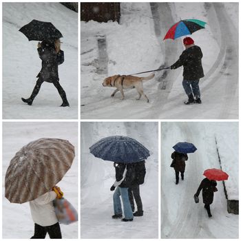 Walkers with colored umbrellas by snowing and cold weather