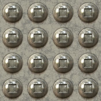 A seamless 3D illustration of some metal rivets in rows.  This image creates a pattern when tiled in any direction.