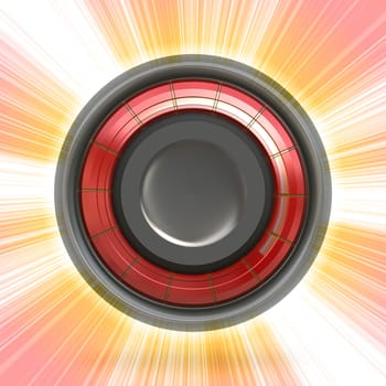 A modern looking 3D button or speaker cone illustration over a glowing background. 