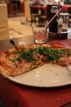 Close up the pizza on a plate.