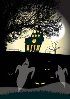 An illustration of a haunted house and tree silhouetted against a moonlight sky background with ghostly figures to the foreground. Halloween themed.